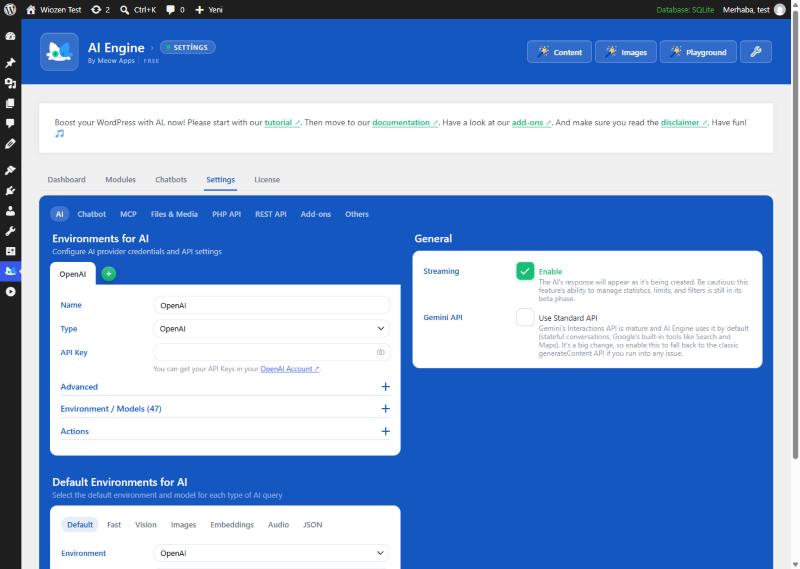 AI Engine Settings sekmesi: Environments for AI bölümünde yalnızca OpenAI ortamı ve yanında yeşil artı düğmesi