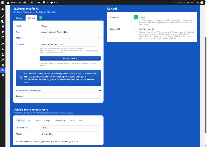 Wiozen ortamı: Type Custom (OpenAI-Compatible), Endpoint https://api.wiozen.com/v1 ve Refresh Models düğmesinin altında 7 model bulundu satırı