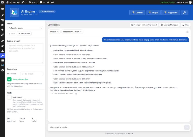 AI Engine Playground: deepseek-v4.1-flash modeliyle Türkçe bir soruya verilen yanıt