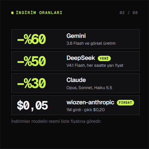 Claude Opus, Sonnet ve Gemini API %30 ucuz | $5 ile başla, bakiyen ...