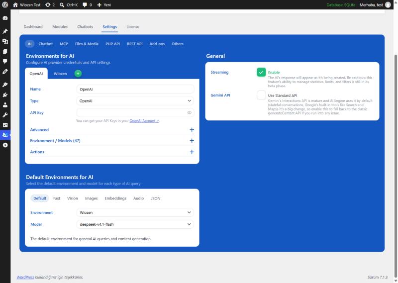 Default Environments for AI bölümü: Environment Wiozen, Model deepseek-v4.1-flash seçili